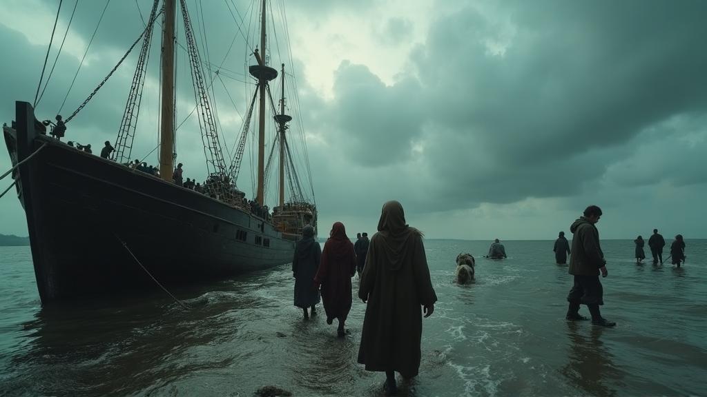 Circassian refugees boarding ships on the Black Sea shore during the 1864 exile