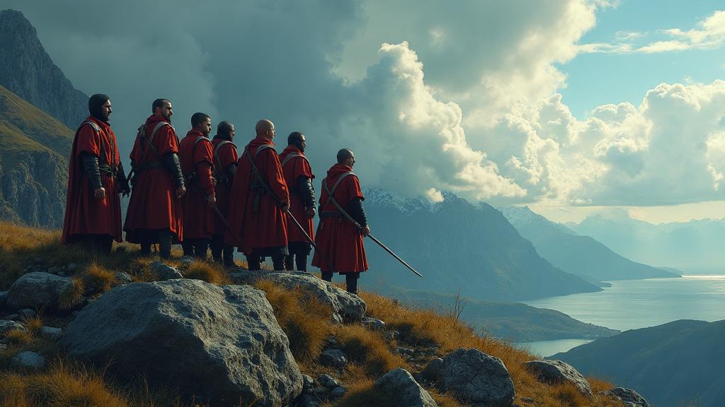 Circassian warriors in traditional cherkesska uniforms standing on a mountain ridge