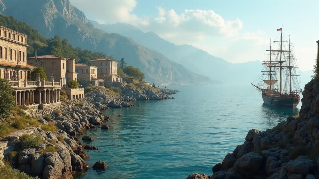 Ancient Greek trading port on the Black Sea coast with Caucasus mountains