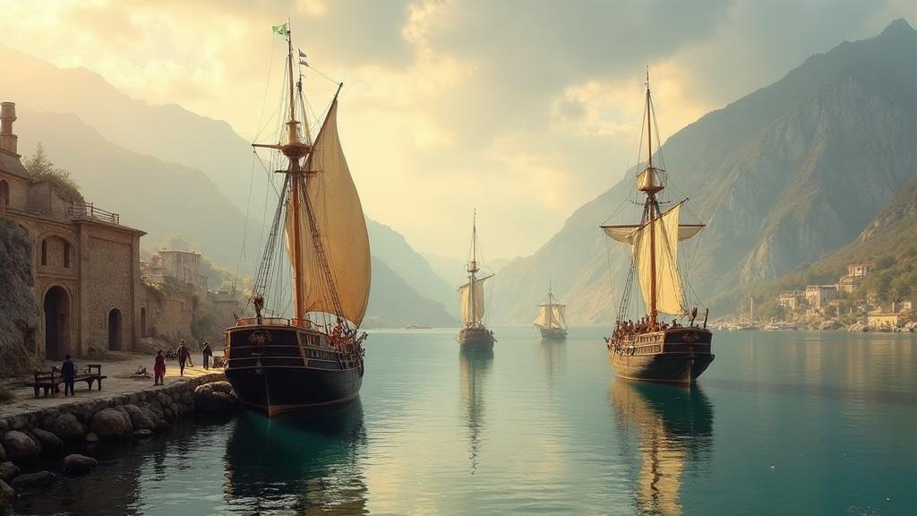 Black Sea coastline with Ottoman trading ships near a Circassian coastal town