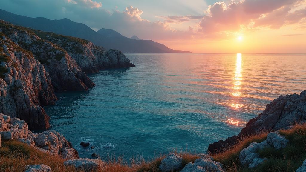 Modern Black Sea coastline with rocky cliffs at sunset
