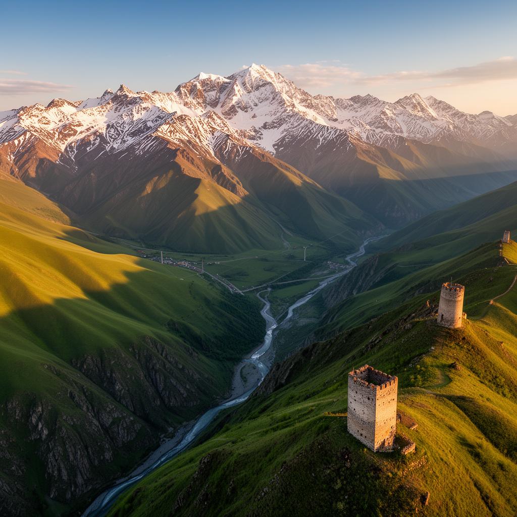 Aerial view of the snow-capped Caucasus Mountains with green valleys and ancient watchtowers — the ancestral homeland of the Circassian people