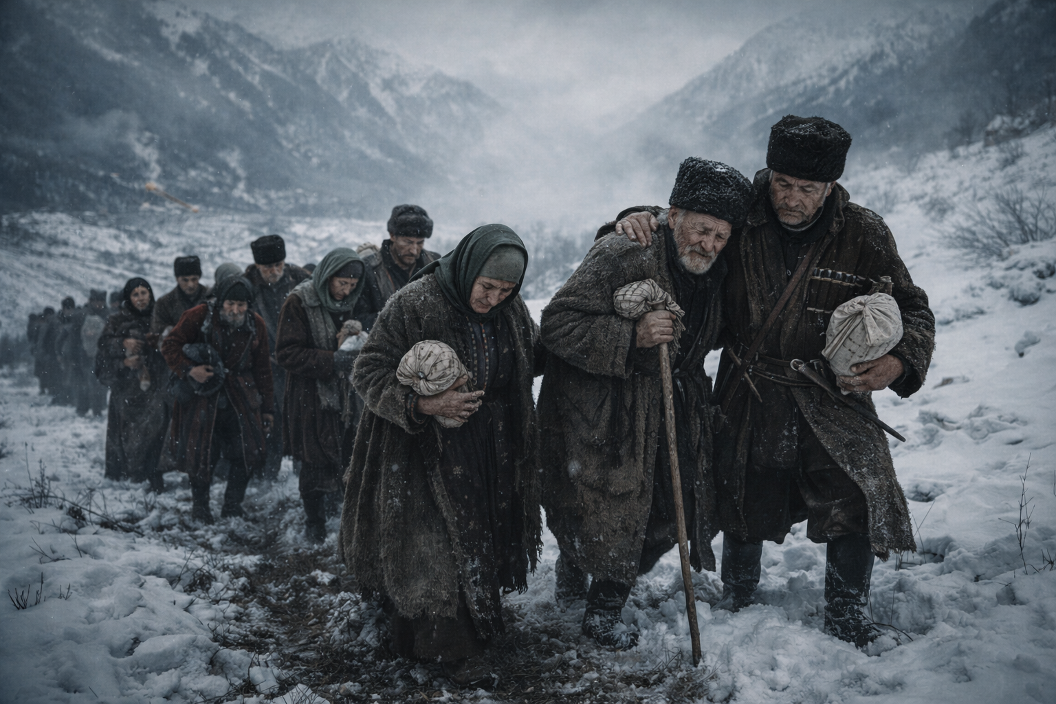Circassian families during the forced deportation from the Caucasus in 1864, one of history's largest ethnic cleansings