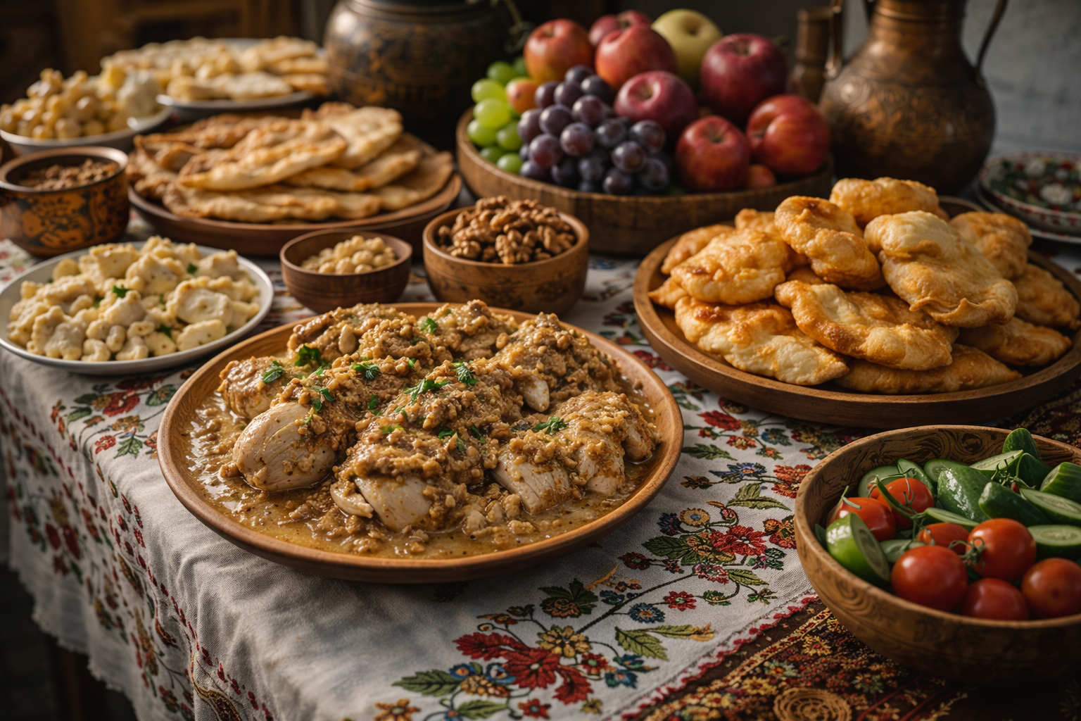 Traditional Circassian feast table with walnut sauce chicken, pastries, fresh vegetables, and fruits