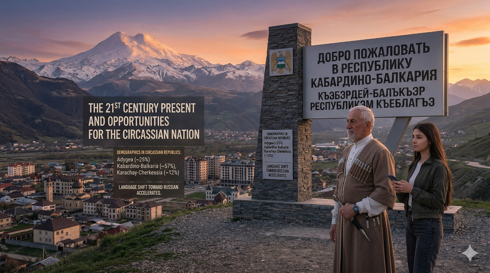 Circassian elder and young woman overlooking Kabardino-Balkaria with Mount Elbrus at sunset, symbolizing modern Circassian identity and heritage
