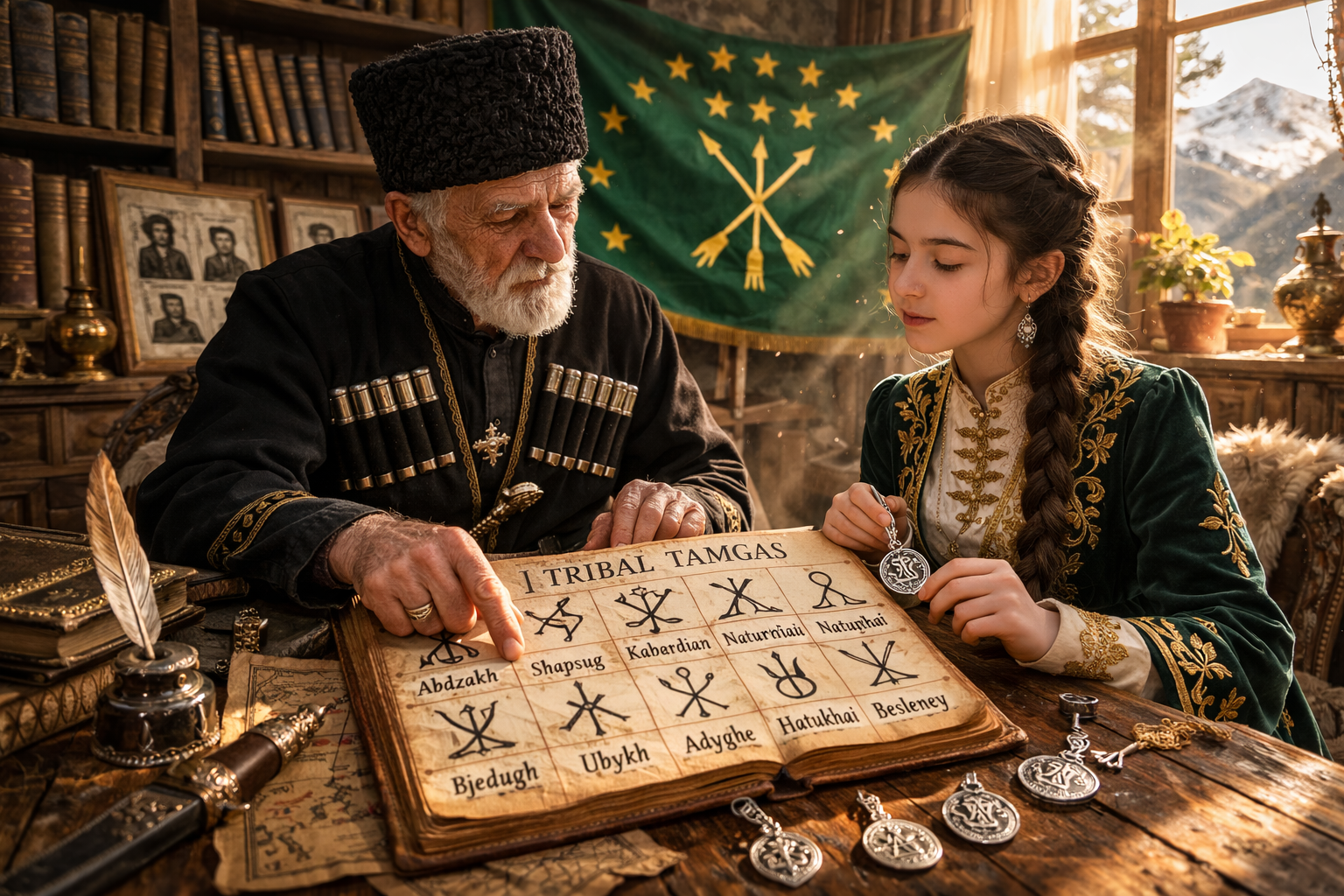 Elder Circassian man with tribal tamga symbols representing Circassian heritage