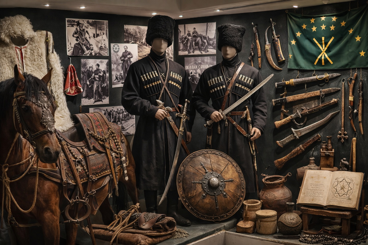 Circassian warrior museum display with traditional Cherkesska uniforms, weapons, shields, and the Circassian flag