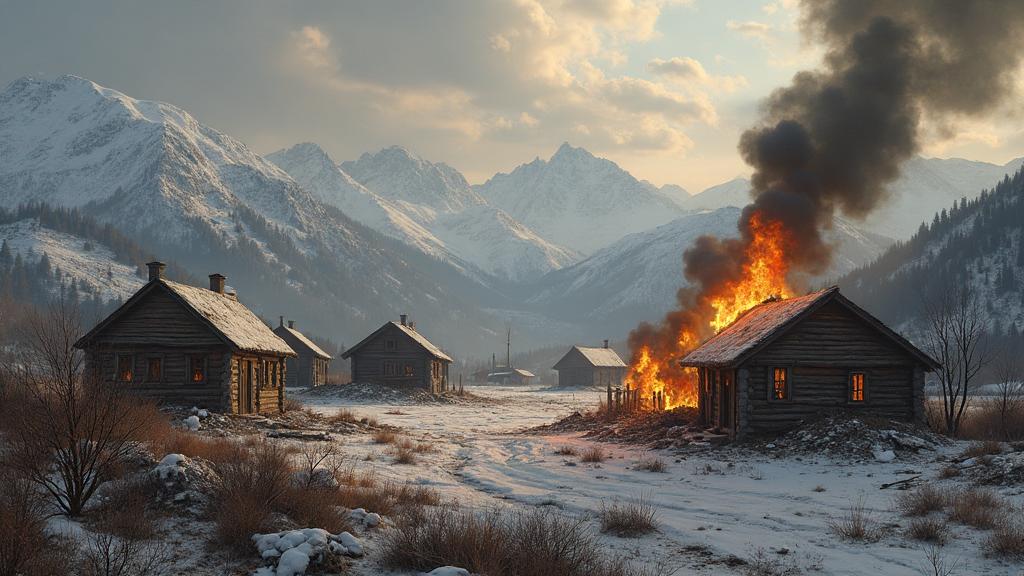 Burned Circassian village in Caucasus mountains with smoke rising and snowy peaks