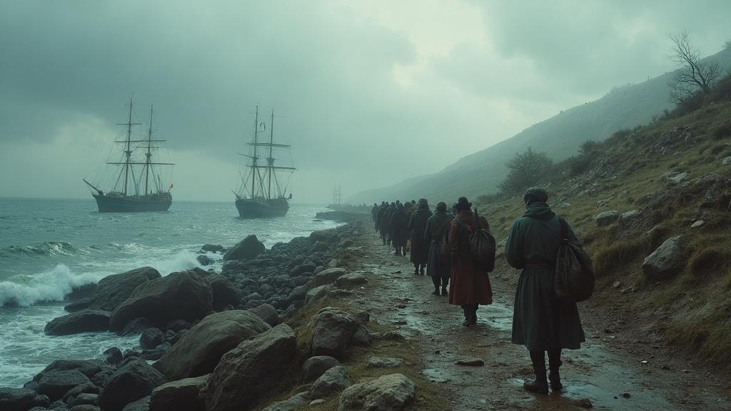 Circassian refugees walking along Black Sea coastline toward waiting ships in 1864