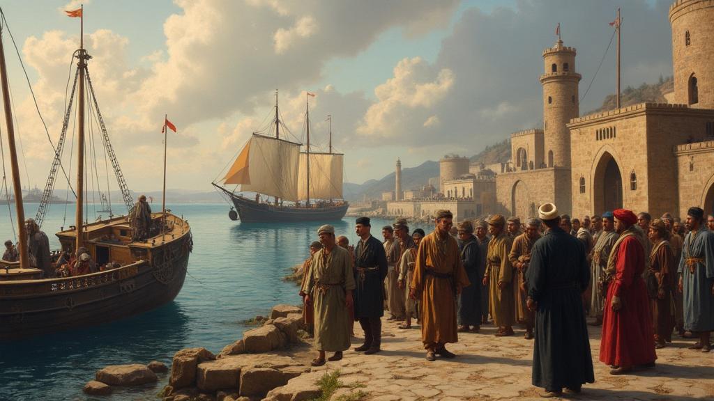 Circassian families arriving exhausted at Ottoman port city, officials receiving them