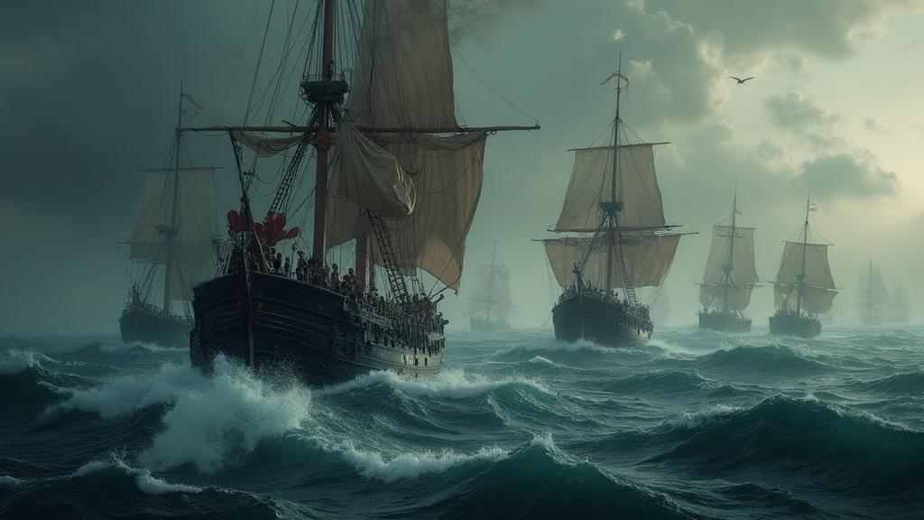 Overcrowded wooden ships carrying Circassian deportees across the Black Sea in 1864