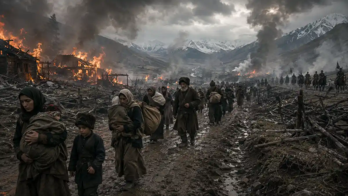 Fleeing through a war-torn valley Fleeing through a war-torn valley