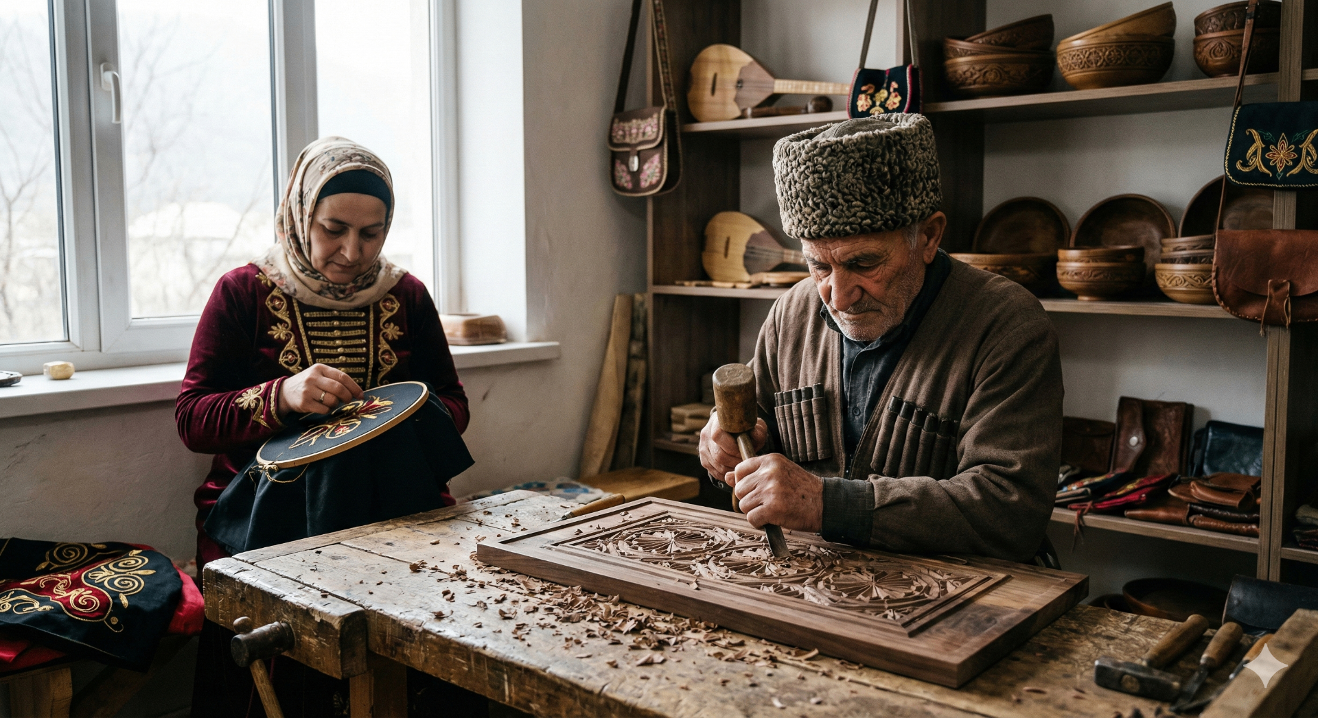 Çerkes zanaatkarı karmaşık ahşap oyma yaparken kadın geleneksel amblemi nakış yapıyor