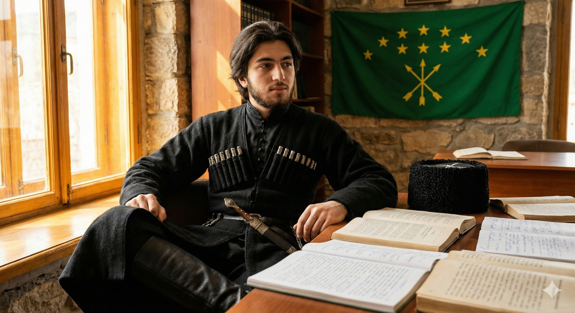 Young Circassian man in traditional Cherkeska studying Adyghabze language books in a library with the Circassian flag