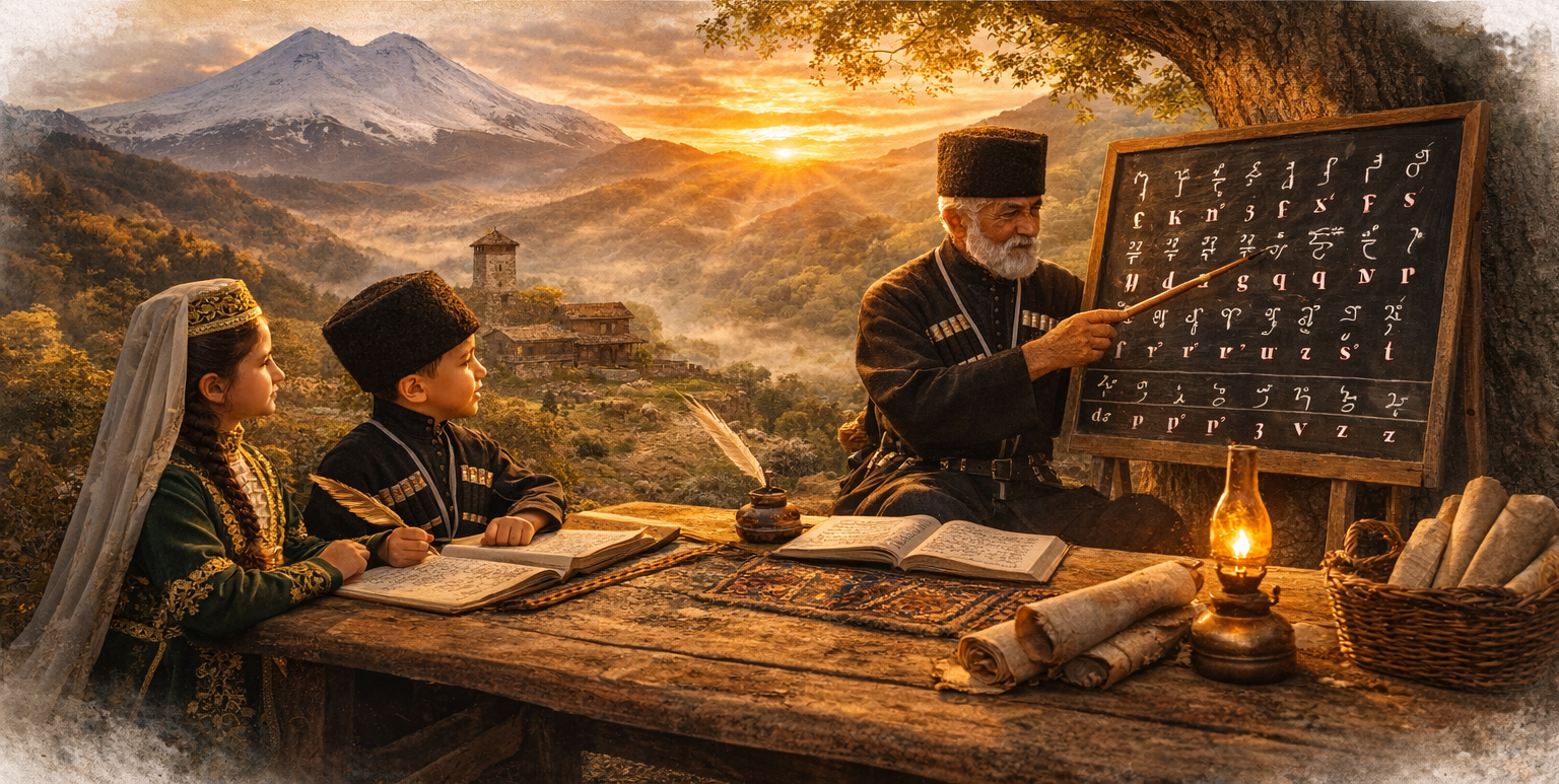 Geleneksel Çerkeska giymiş genç bir Çerkes adamı, Çerkes bayrağıyla bir kütüphanede Adıgabze dil kitapları inceliyor