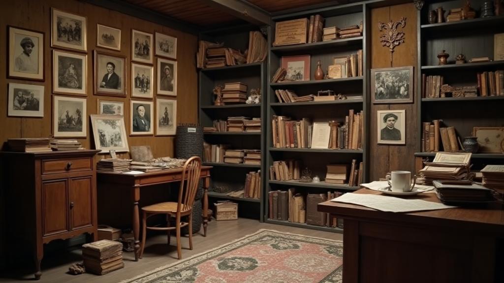 Archival room with old photographs, documents, and traditional Circassian items being preserved
