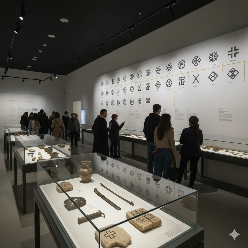 Circassian heritage museum interior with traditional weapons, costumes, and historical photographs