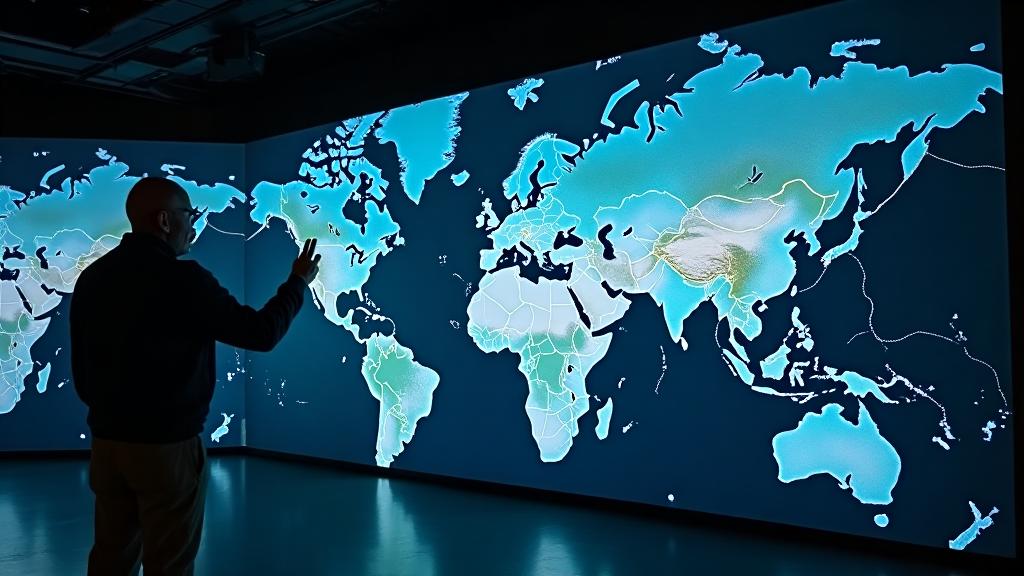 Digital interactive museum display showing 3D map of the Caucasus region