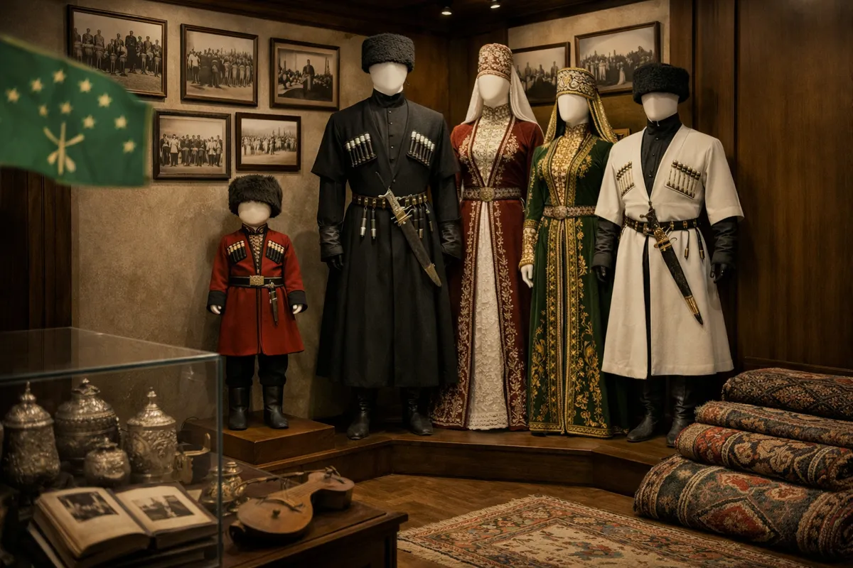 Elderly Circassian man in traditional clothing guiding children through heritage exhibition