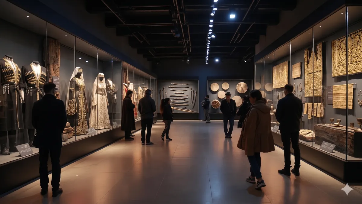 Museum visitors examining Circassian textile and embroidery exhibits behind glass cases