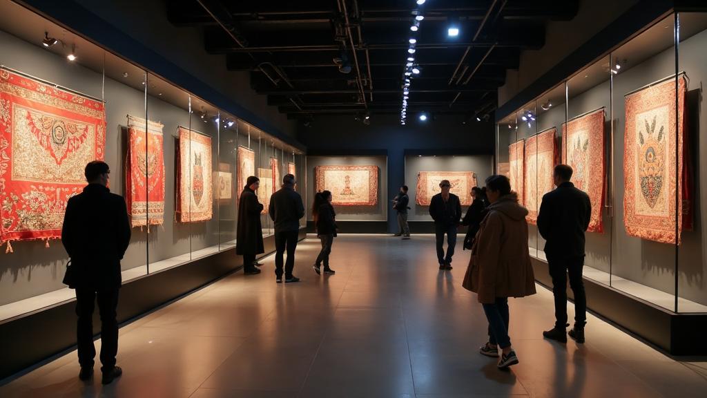 Museum visitors examining Circassian textile and embroidery exhibits behind glass cases