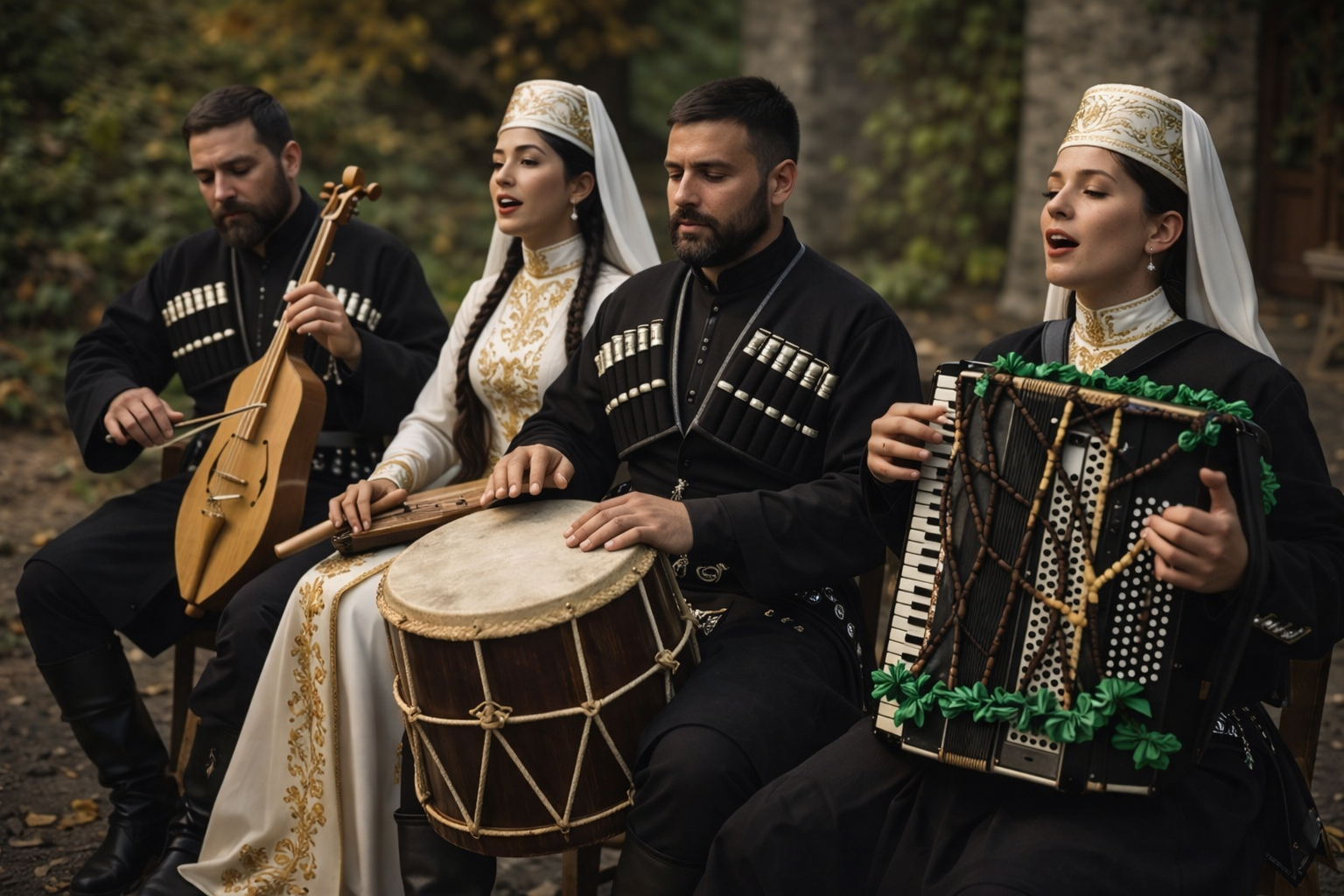 Şiçeşin, dhol ve akordeon dahil geleneksel enstrümanlar çalan Çerkes müzisyenleri