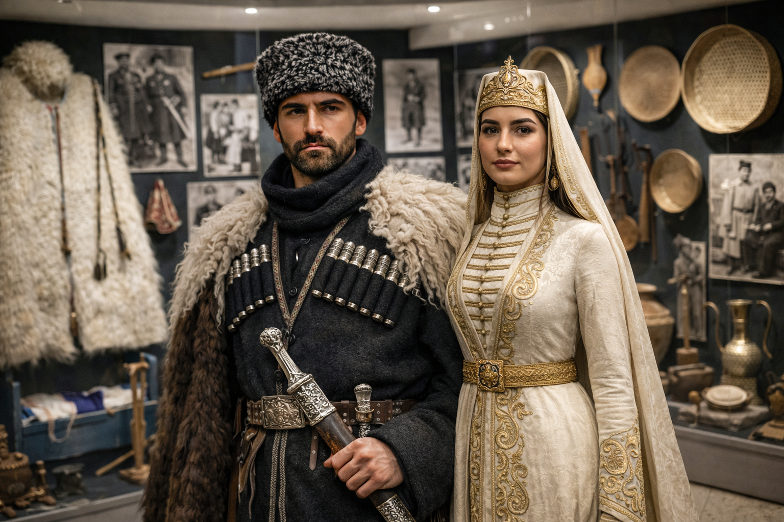 Çerkes bir adam ve kadın geleneksel kıyafet içinde bir kültür müzesi sergisinde