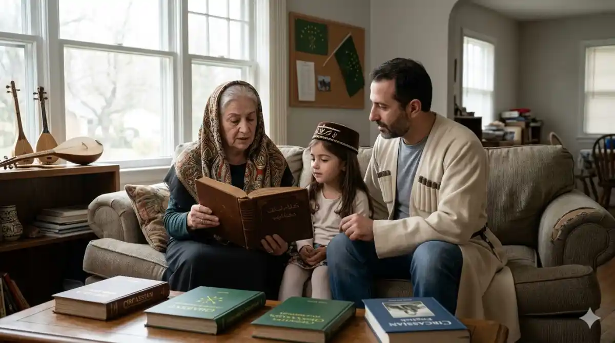 Circassian family reading heritage books with Adyghe flag — language preservation in the homeland