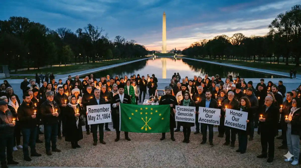 Circassian diaspora candlelight vigil in Washington DC commemorating May 21 1864 genocide with Circassian flag