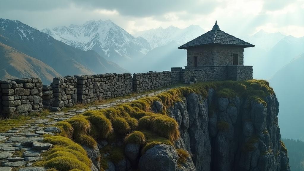 Ancient Kabardian watchtower overlooking Baksan Valley with Mount Elbrus