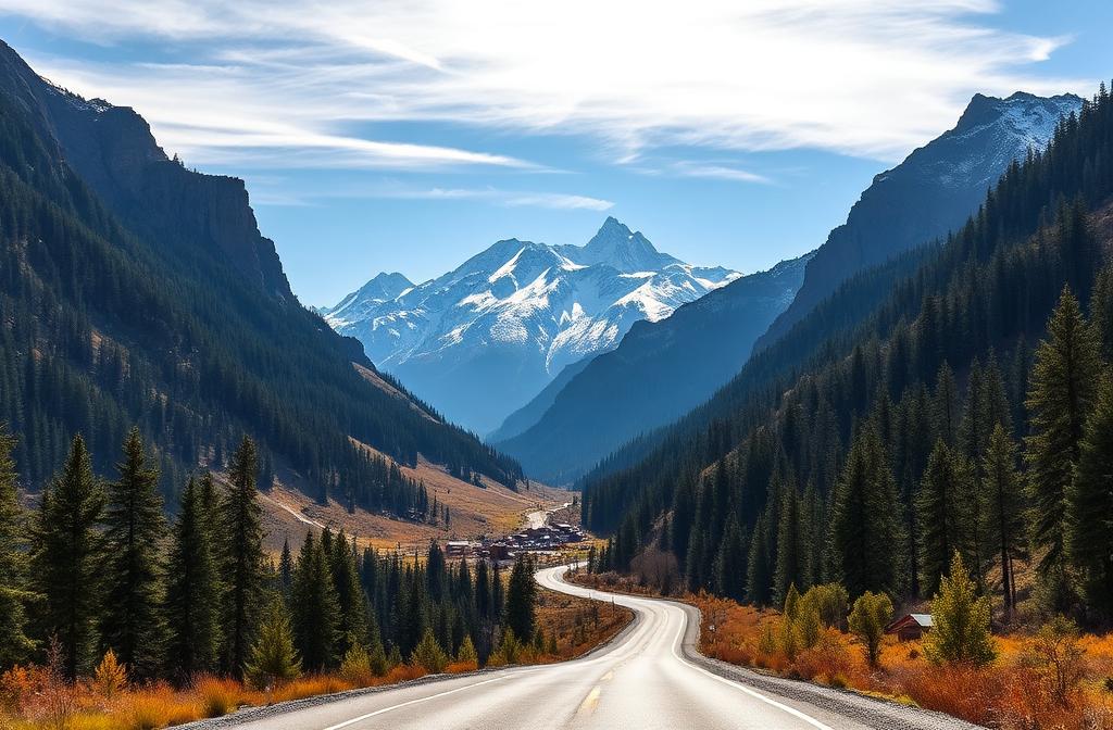 Baksan Valley road winding through pine forests toward snow-capped Mount Elbrus