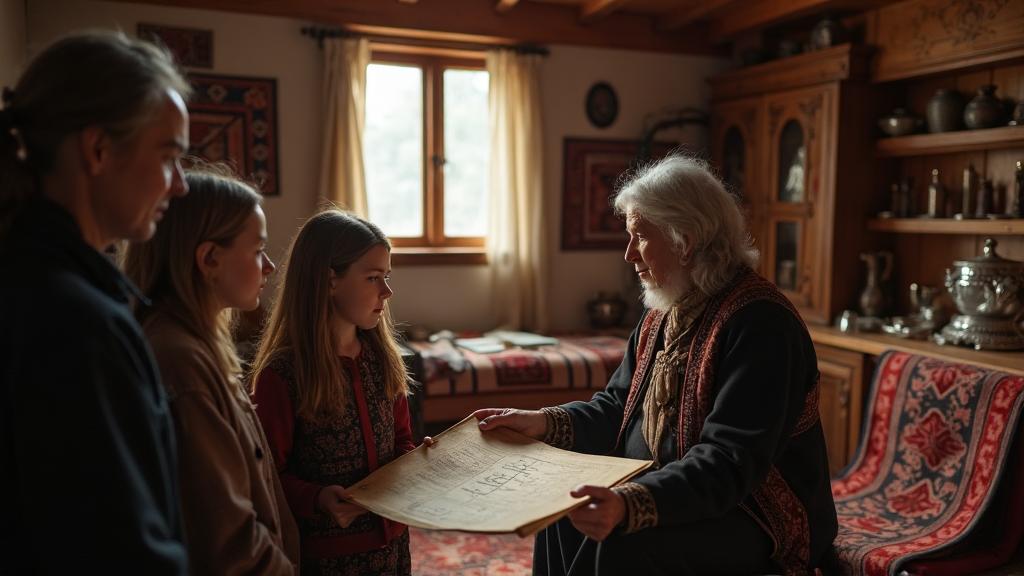 Kabardian elder showing family genealogy document to younger generation