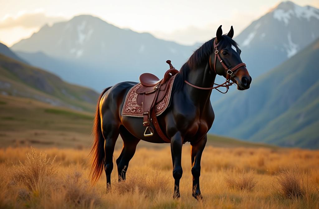 Purebred Kabardian horse standing in alpine meadow with Caucasus mountains in background