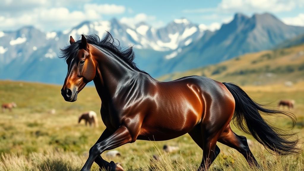 Kabardian horse galloping through mountain meadow