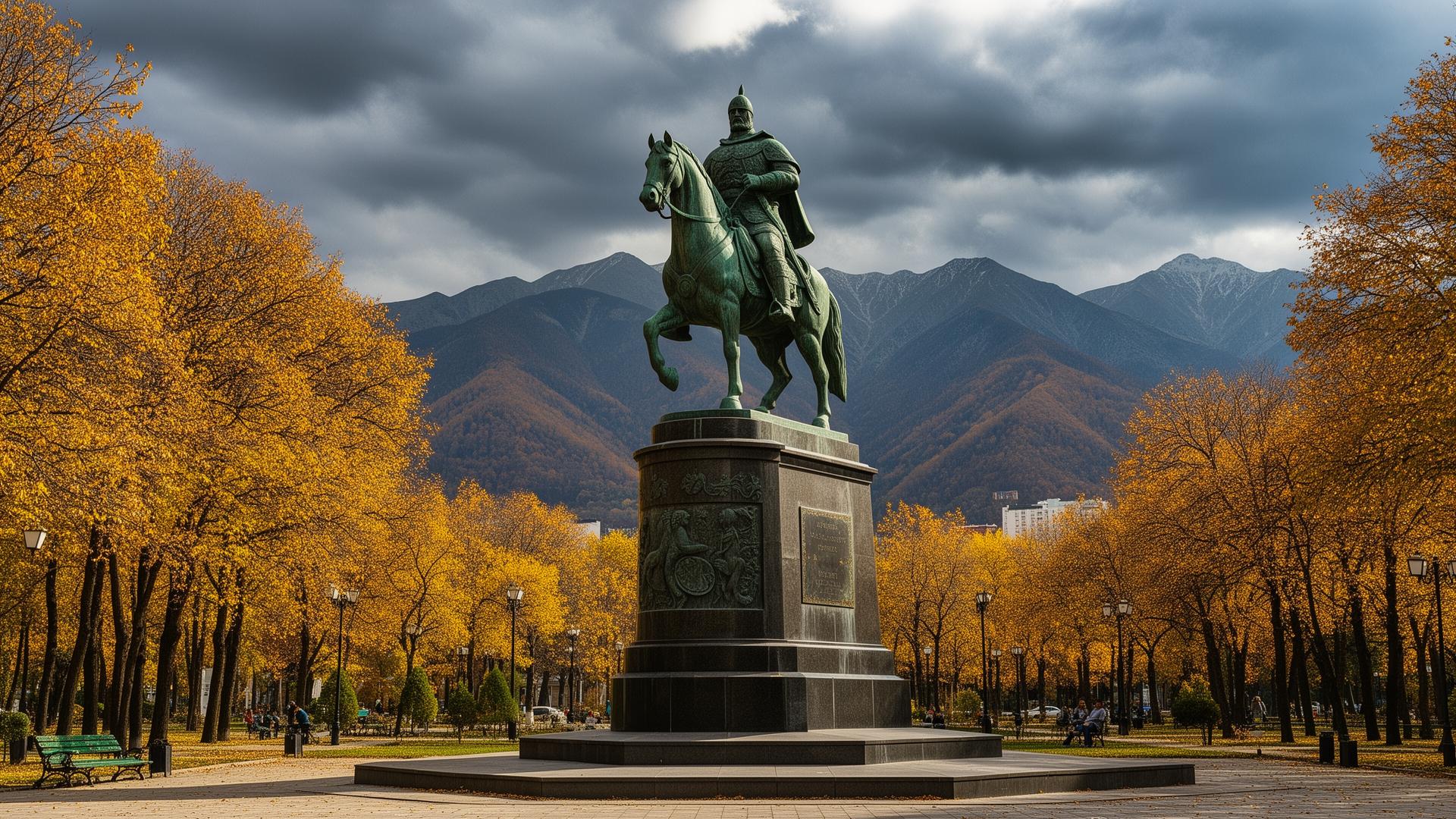 Bronze equestrian monument of a Kabardian warrior in Nalchik park with autumn foliage