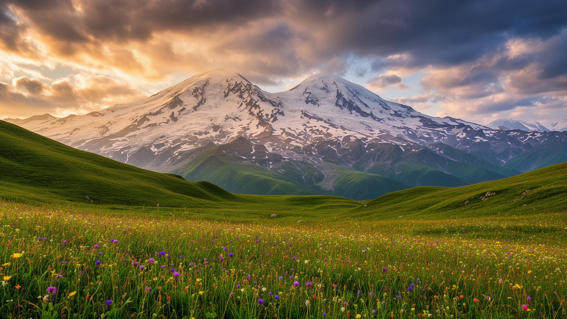 Majestic Mount Elbrus with snow-capped twin peaks viewed from alpine meadows with wildflowers