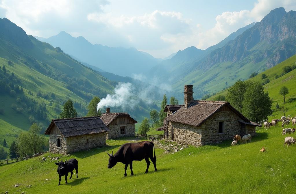 Traditional Kabardian village with stone houses in the Cherek Valley, Caucasus mountains in background