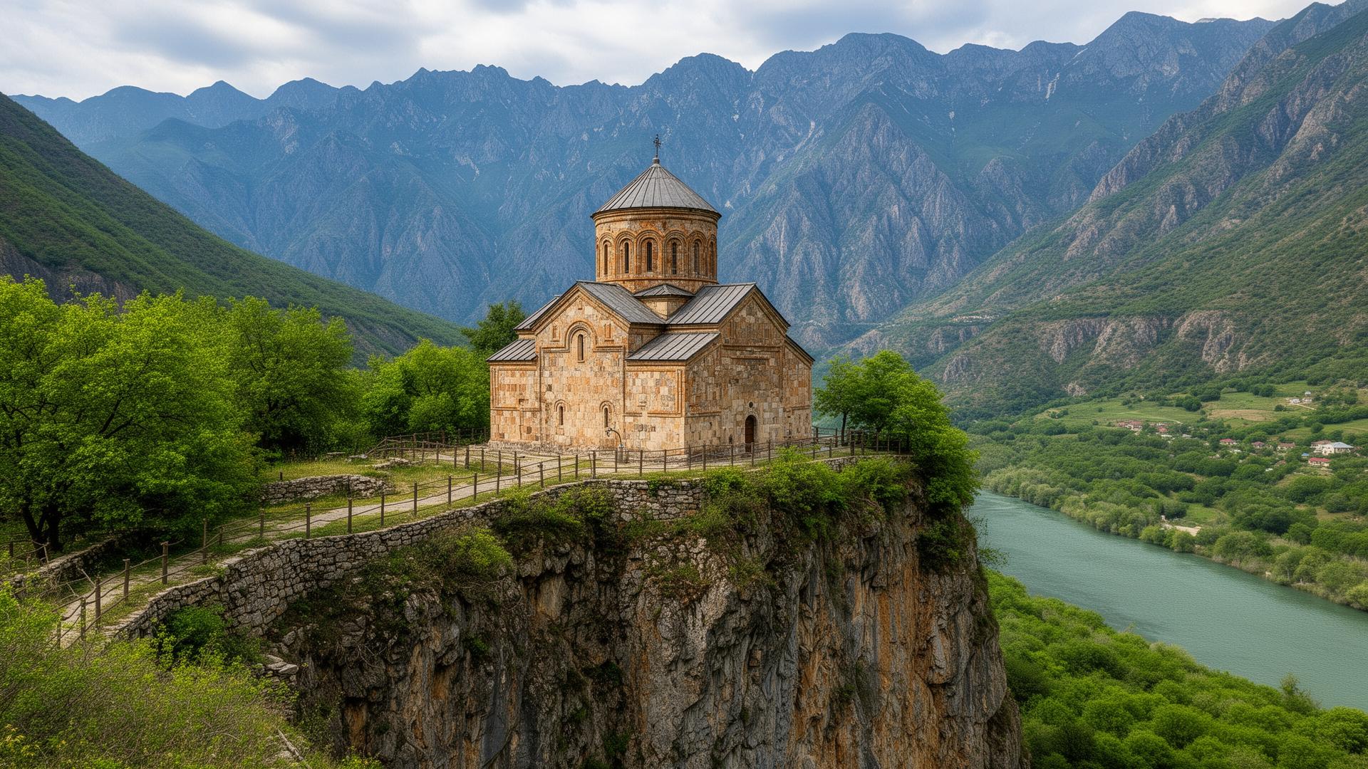 Ancient Shoana Church perched on a cliff overlooking the Kuban River valley