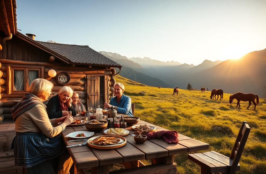Traditional Caucasus mountain homestead hosting guests with traditional food and horses grazing