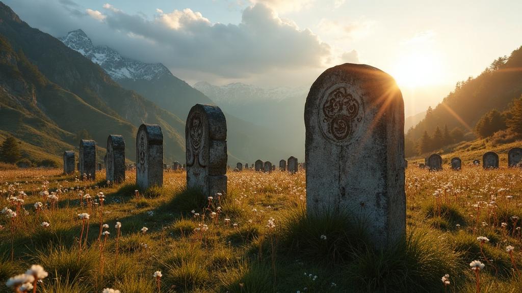 Ancient Circassian cemetery with tamga-carved stone markers in the Caucasus mountains