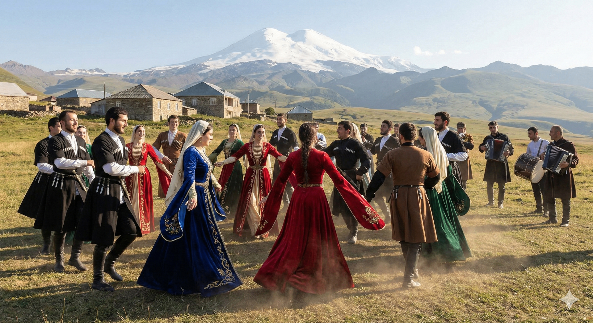 Traditional Cherkess dance performance at an outdoor cultural gathering in the mountains