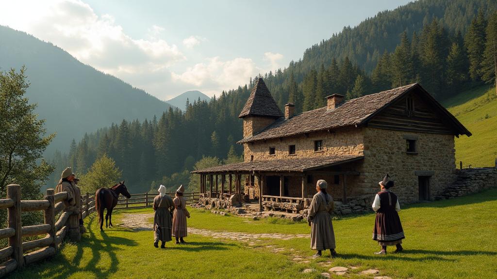 Traditional Circassian family homestead in Karachay-Cherkessia mountains