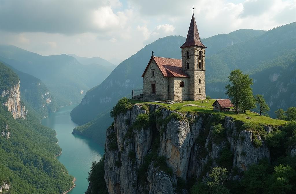 Ancient 10th-century Shoana Church perched on steep cliff overlooking Kuban River valley