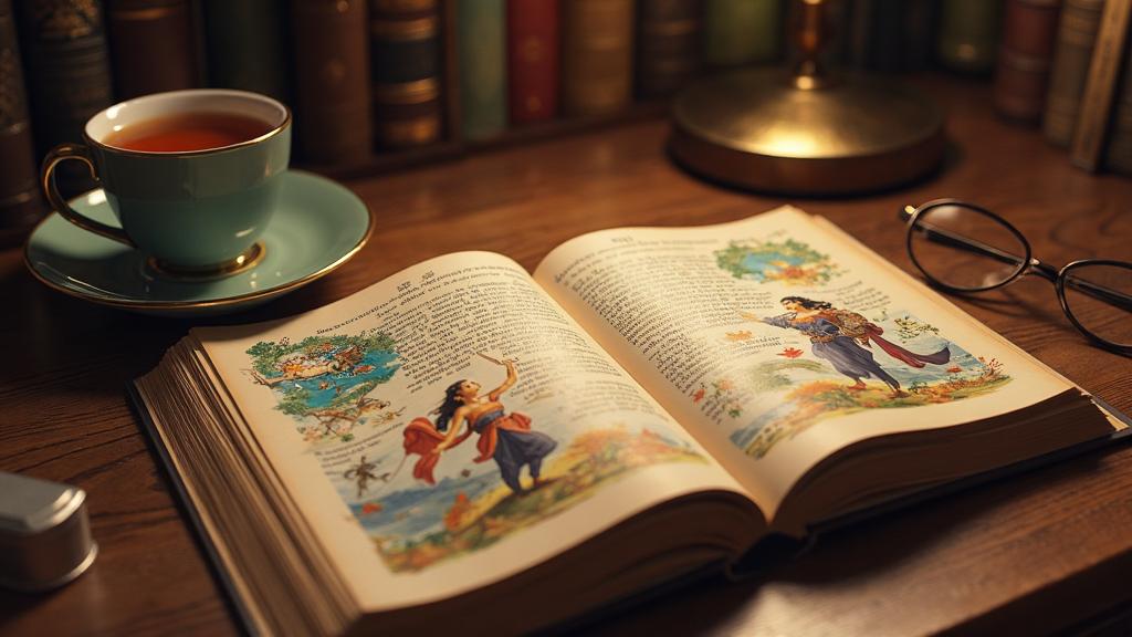 Modern illustrated book of Nart Sagas open on table with tea