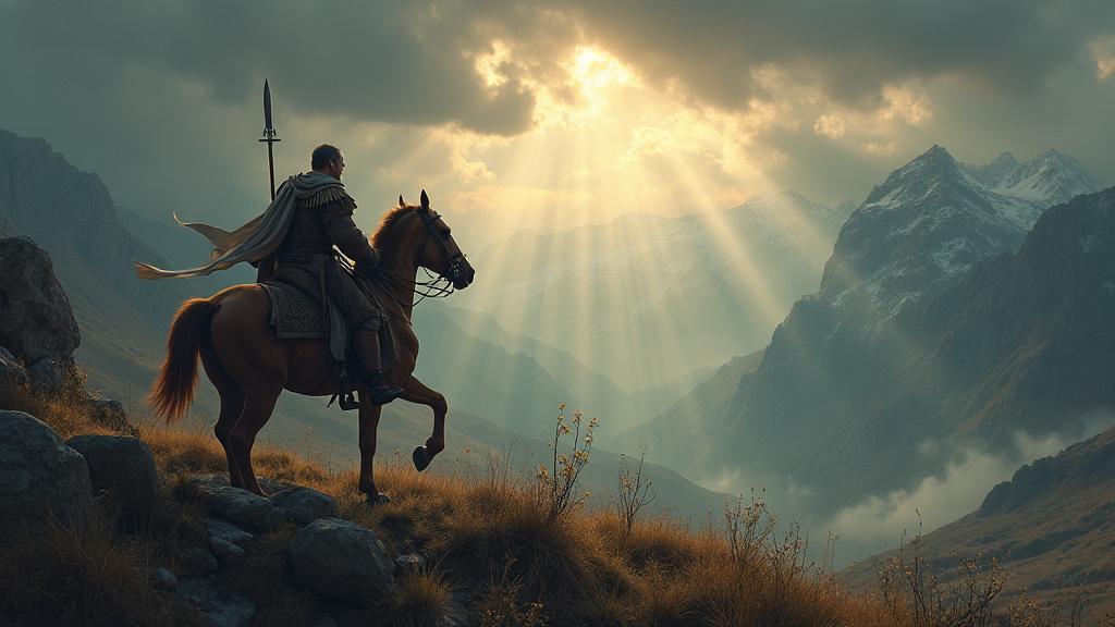 Nart saga warrior on horseback in dramatic Caucasus mountain landscape