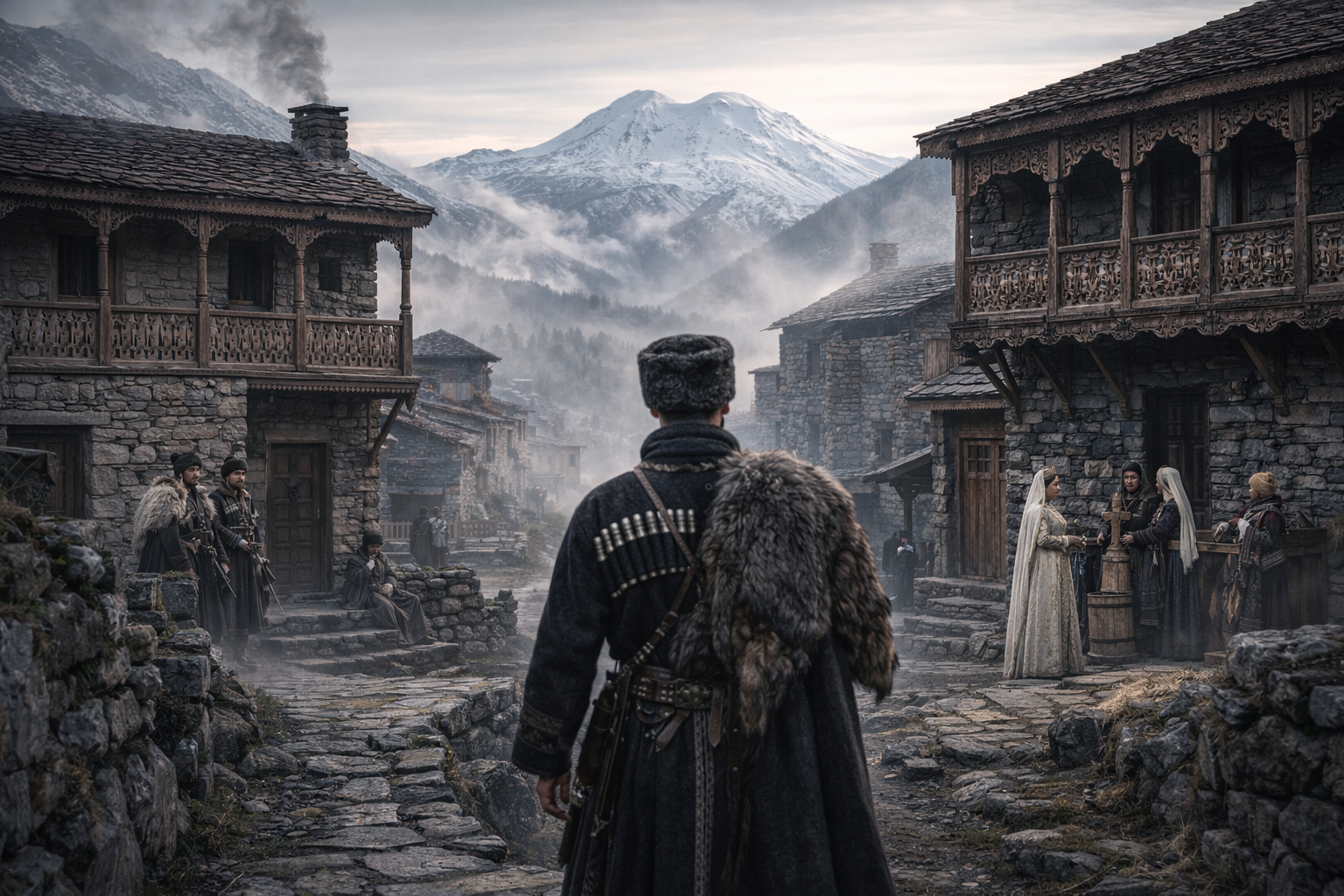 Circassian Nart hero on horseback overlooking the misty Caucasus Mountains at dawn