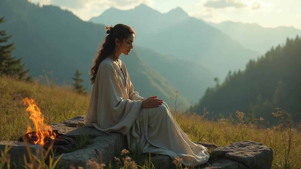 Satanaya the Nart goddess sitting on stone throne in mountain meadow