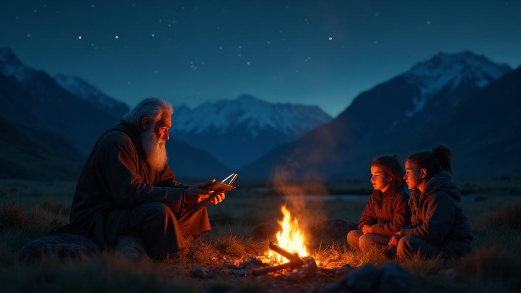 Elder storyteller narrating Nart sagas to children around campfire