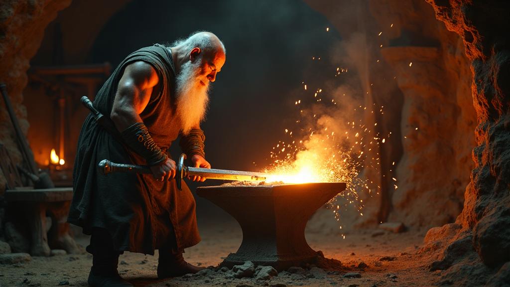Tlepsh the Nart blacksmith forging magical sword at stone anvil
