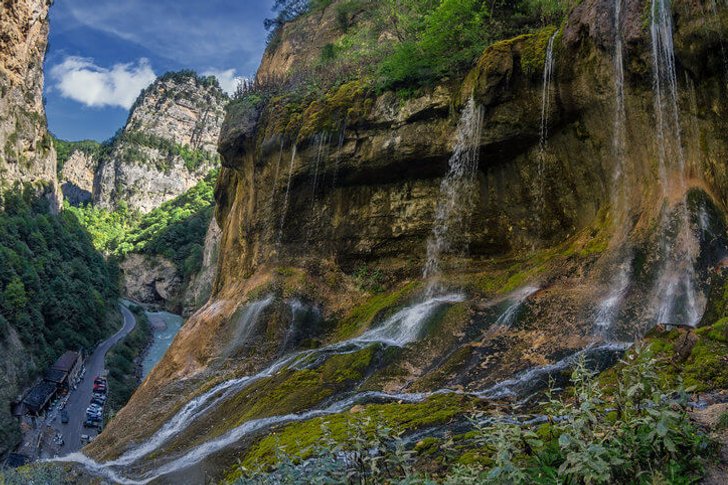Chegem waterfalls in winter with spectacular frozen ice formations in Kabardino-Balkaria